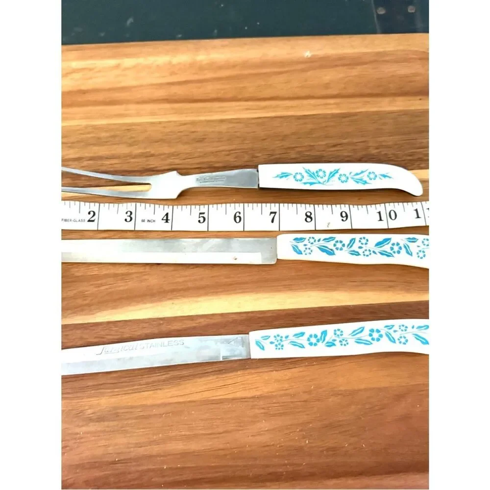 Vintage Household Surgical Stainless Knife Fork Set White Handle Blue Cornflower
